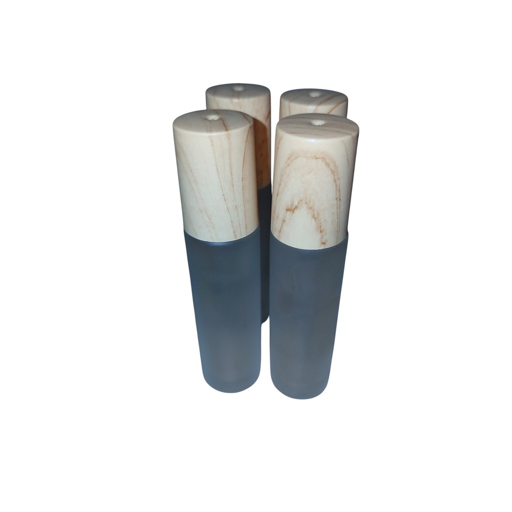 Set of 4 Frosted Glass Roller Bottles 10ml with Wood Grain Caps Stainless Steel
